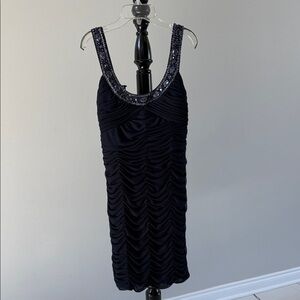 Cache Navy Ruched Midi Dress with Beaded Neckline